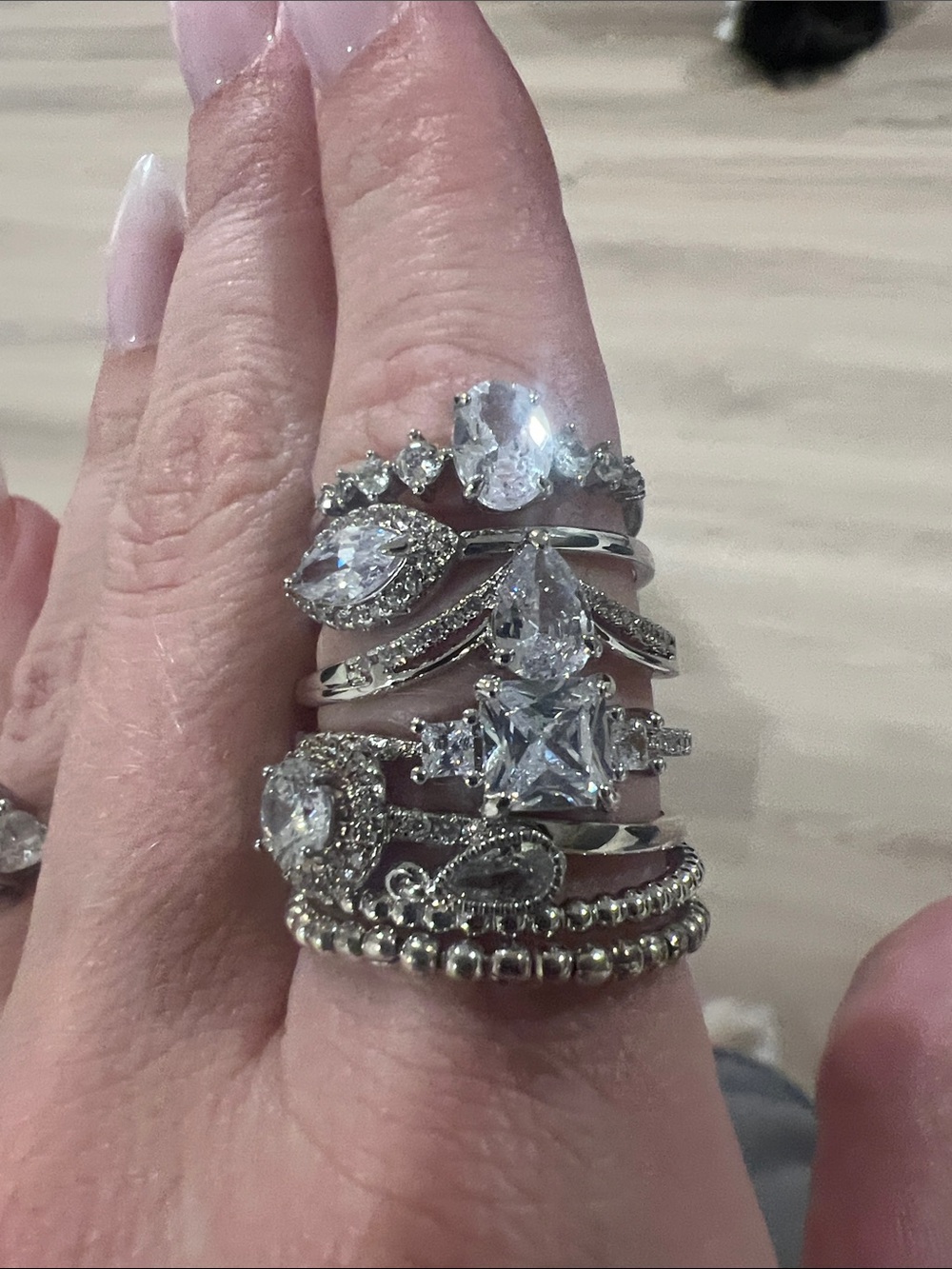 7 Stackable Silver-Tone Cubic Zirconia Statement Ring Set - Clear/White. Size 10
